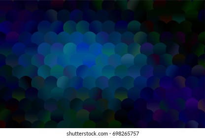 Dark BLUE vector red pattern of geometric circles, shapes. Colorful mosaic banner. Geometric background with colored disks.