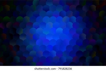 Dark BLUE vector red pattern of geometric circles, shapes. Colorful mosaic banner. Geometric background with colored disks.