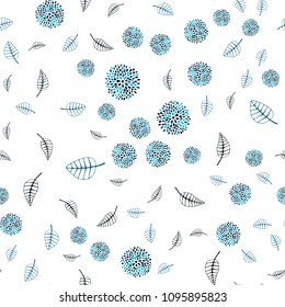 Dark BLUE vector seamless abstract backdrop with leaves and flowers. Abstract illustration with leaves, flowers in doodles style. Doodle design can be used for your web site.