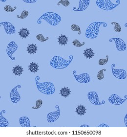 Dark BLUE vector seamless abstract pattern with leaves and flowers. Illustration with doodles on abstract template. Hand painted design for web, wrapping.