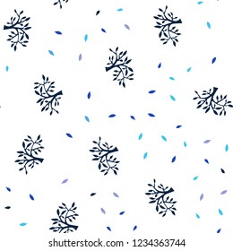 Dark BLUE vector seamless abstract backdrop with leaves, branches. Colorful illustration in doodle style with leaves, branches. Texture for window blinds, curtains.