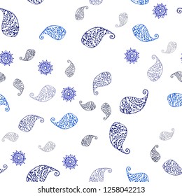 Dark BLUE vector seamless abstract backdrop with leaves and flowers. Doodle illustration of leaves and flowers in Origami style. Pattern for design of fabric, wallpapers.