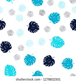 Dark BLUE vector seamless abstract background with flowers, leaves. Leaves, flowers in natural style on white background. Texture for window blinds, curtains.