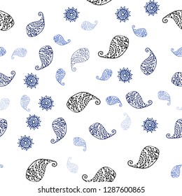 Dark BLUE vector seamless abstract design with leaves and flowers. Doodle illustration of leaves and flowers in Origami style. Texture for window blinds, curtains.