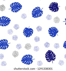 Dark BLUE vector seamless abstract pattern with flowers, leaves. Sketchy doodles on white background. Texture for window blinds, curtains.