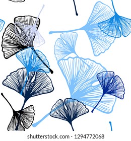 Dark BLUE vector seamless abstract design with leaves. Doodle illustration of leaves in Origami style with gradient. Texture for window blinds, curtains.