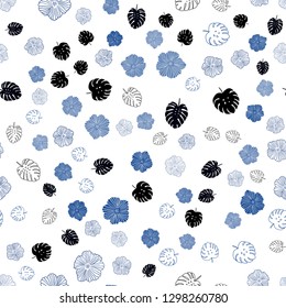 Dark BLUE vector seamless abstract backdrop with leaves, flowers. Decorative design in Indian style on white background. Pattern for design of fabric, wallpapers.