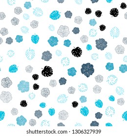 Dark BLUE vector seamless abstract background with leaves, flowers. Leaves and flowers with gradient on white background. Pattern for trendy fabric, wallpapers.