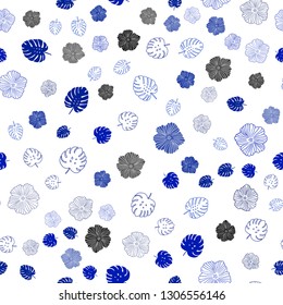 Dark BLUE vector seamless abstract pattern with leaves, flowers. Abstract illustration with leaves, flowers in doodles style. Texture for window blinds, curtains.