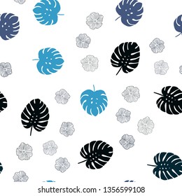 Dark BLUE vector seamless abstract design with flowers, leaves. Shining colored illustration with leaves and flowers. Texture for window blinds, curtains.