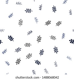 Dark BLUE vector seamless abstract backdrop with leaves. Glitter abstract illustration with doodles and leaves. Texture for window blinds, curtains.