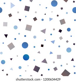 Dark BLUE vector seamless backdrop with lines, circles, rhombus. Abstract illustration with colorful dots, lines, cubes. Template for business cards, websites.
