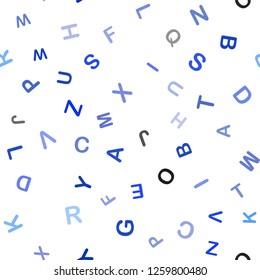 Dark BLUE vector seamless backdrop with english symbols. Abstract illustration with colored latin alphabet. Texture for window blinds, curtains.