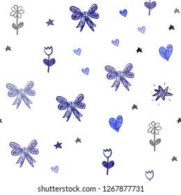 Dark BLUE vector seamless backdrop with holiday gifts. Illustration with a gradient toy car, heart, baloon, tulip, candy, ball. Design for holiday adverts.