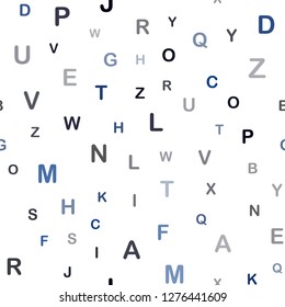 Dark BLUE vector seamless backdrop with english symbols. Blurred design in simple style with signs of alphabet. Pattern for design of fabric, wallpapers.