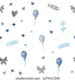 Dark BLUE vector seamless backdrop in holiday style. Illustration with a gradientheart, baloon, candy, gift, star, ribbon. Pattern for carnival, festival ads.