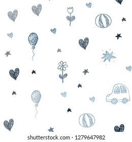 Dark BLUE vector seamless backdrop with holiday gifts. Illustration with a colorful toy car, heart, baloon, tulip, candy, ball. Design for colorful commercials.