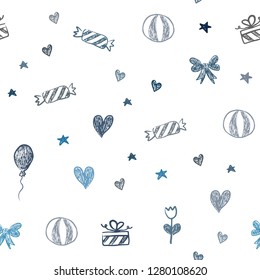 Dark BLUE vector seamless backdrop in holiday style. Abstract illustration with aheart, baloon, candy, gift, star, ribbon. Pattern for birthday gifts.