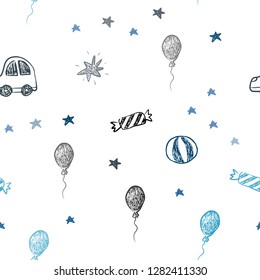 Dark BLUE vector seamless backdrop in holiday style. Illustration with a colorful toy car, baloon, candy, star, ball. Pattern for new year ads.