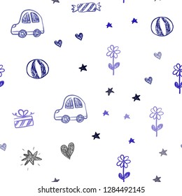 Dark BLUE vector seamless backdrop with holiday gifts. Illustration with a colorful toy car, heart, baloon, tulip, candy, ball. Design for holiday adverts.