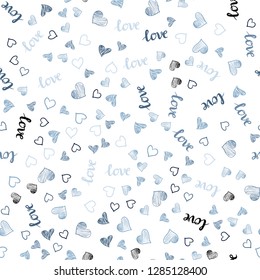 Dark BLUE vector seamless backdrop with phrase LOVE , hearts. Design in doodle style with text LOVE , hearts. Design for wallpaper, fabric makers.