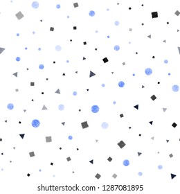 Dark BLUE vector seamless backdrop with lines, circles, rhombus. Illustration with set of colorful circles, triangles, squares. Trendy design for wallpaper, fabric makers.