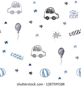 Dark BLUE vector seamless backdrop in holiday style. Illustration with a colorful toy car, baloon, candy, star, ball. Design for colorful commercials.