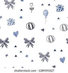 Dark BLUE vector seamless backdrop with holiday gifts. Design in xmas style with a toy car, heart, baloon, tulip, candy, ball. Template for new year postcards.