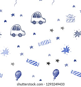 Dark BLUE vector seamless backdrop in holiday style. Illustration with a colorful toy car, baloon, candy, star, ball. Pattern for birthday gifts.