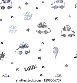 Dark BLUE vector seamless backdrop in holiday style. Abstract illustration with a toy car, baloon, candy, star, ball. Template for new year postcards.