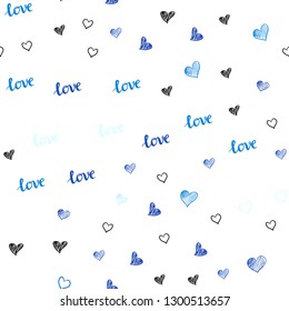 Dark BLUE vector seamless backdrop with phrase LOVE YOU, hearts. Design in doodle style with text LOVE YOU, hearts. Template for business cards, websites.