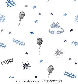 Dark BLUE vector seamless backdrop in holiday style. Design in xmas style with a toy car, baloon, candy, star, ball. Pattern for carnival, festival ads.