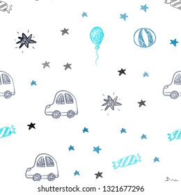 Dark BLUE vector seamless backdrop in holiday style. Abstract illustration with a toy car, baloon, candy, star, ball. Pattern for birthday gifts.