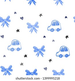 Dark BLUE vector seamless backdrop with holiday gifts. Abstract illustration with a toy car, heart, baloon, tulip, candy, ball. Pattern for birthday gifts.