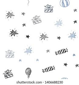 Dark BLUE vector seamless backdrop in holiday style. Colorful illustration with a toy car, baloon, candy, star, ball. Pattern for carnival, festival ads.