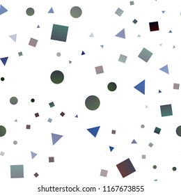 Dark BLUE vector seamless background with triangles, circles, cubes. Illustration with set of colorful circles, triangles, squares. Template for business cards, websites.