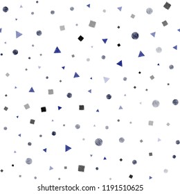 Dark BLUE vector seamless background with triangles, circles, cubes. Circles, lines, rhombus with colorful gradient. Pattern for trendy fabric, wallpapers.
