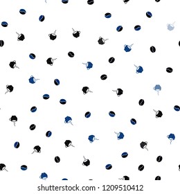 Dark BLUE vector seamless background with coffee, beans. Gradient illustration with set of mugs, beans. Design for ad, poster, banner of cafes, restaurants.