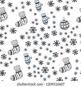 Dark BLUE vector seamless background with xmas snowflakes, balls, socks, mittens. Colorful decorative design in xmas style. Texture for window blinds, curtains.