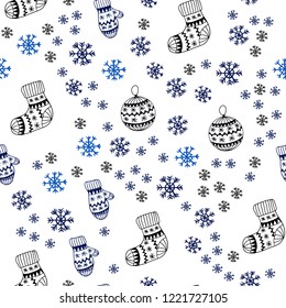 Dark BLUE vector seamless background with xmas snowflakes, balls, socks, mittens. Modern geometric abstract illustration. Template for business cards, websites.