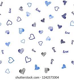 Dark BLUE vector seamless background with words of love, hearts. Illustration with phrase LOVE YOU, hearts for valentine's day. Pattern for design of fabric, wallpapers.