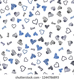 Dark BLUE vector seamless background with words of love, hearts. Illustration with words of love, hearts in abstract style. Pattern for design of fabric, wallpapers.