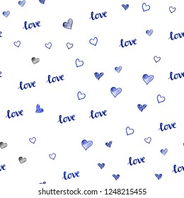 Dark BLUE vector seamless background with words of love, hearts. Design in doodle style with text LOVE YOU, hearts. Design for wallpaper, fabric makers.