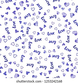 Dark BLUE vector seamless background with words of love, hearts. Illustration with words of love, hearts in abstract style. Template for business cards, websites.
