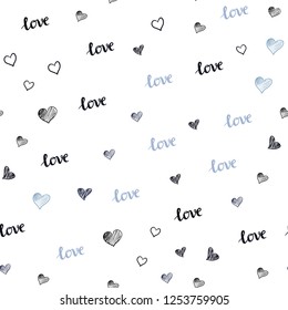 Dark BLUE vector seamless background with words of love, hearts. Design in doodle style with text LOVE YOU, hearts. Pattern for design of fabric, wallpapers.