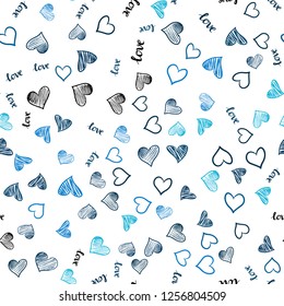 Dark BLUE vector seamless background with words of love, hearts. Illustration with words of love, hearts in abstract style. Design for wallpaper, fabric makers.