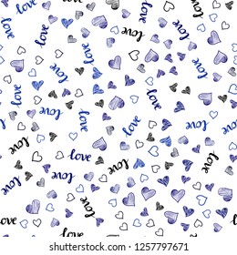 Dark BLUE vector seamless background with words of love, hearts. Design in doodle style with text LOVE YOU, hearts. Pattern for trendy fabric, wallpapers.