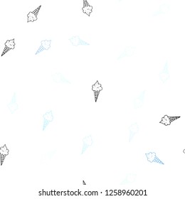 Dark BLUE vector seamless background with ice-cream cones. Illustration with set of delicious sweet ice-cream cones. Doodle design for your business advert of cafes.