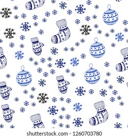 Dark BLUE vector seamless background with xmas snowflakes, balls, socks, mittens. Glitter abstract illustration with gradient. Design for textile, fabric, wallpapers.