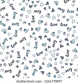 Dark BLUE vector seamless background with words of love, hearts. Colorful gradient phrase LOVE YOU, hearts in abstract style. Texture for window blinds, curtains.